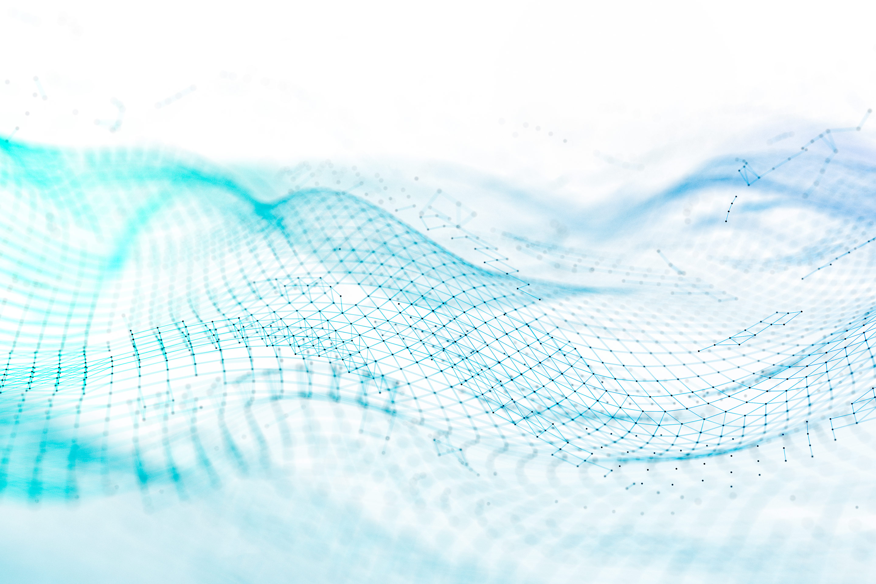 Waves of data in bright turquoise flow across a white background representing an ecosystem and engagement