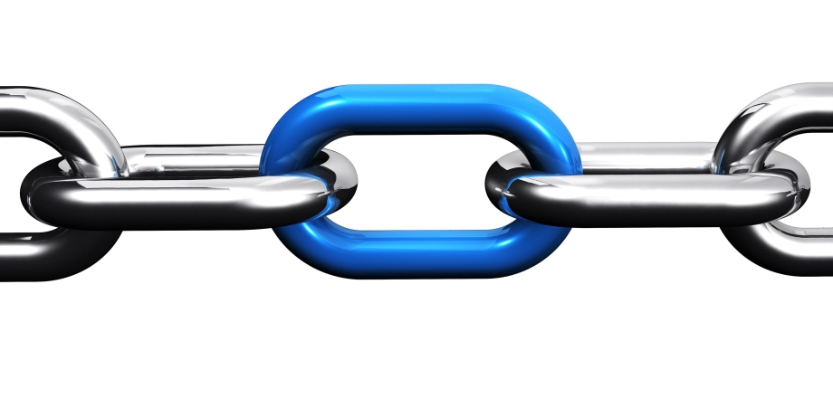 A bold, eye-catching, blue link connects links in a silver chain.