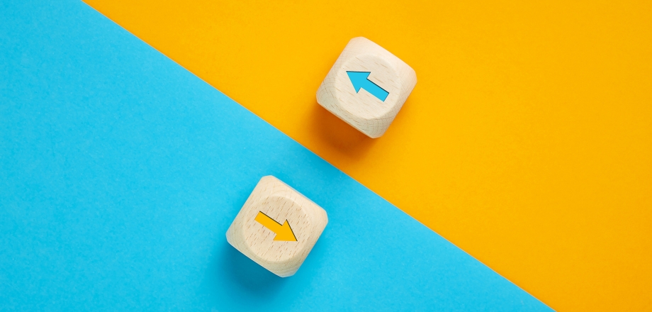 Two wood blocks with arrows pointing in the opposite direction. They are on a background split between a yellow side and a blue side. 